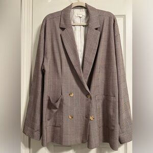 Anthropologie Double-Breasted Plaid Blazer in Taupe and Ivory
